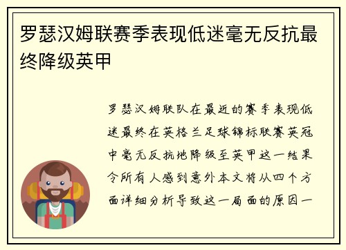 罗瑟汉姆联赛季表现低迷毫无反抗最终降级英甲